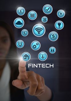 Digital composite of Businesswoman touching Fintech with various business icons