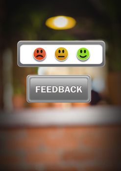 Digital composite of feedback button with smiley face satisfaction icons