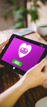 Vector icon of donation against woman using her tablet pc