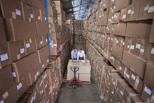 Warehouse team working together with trolley in a large warehouse