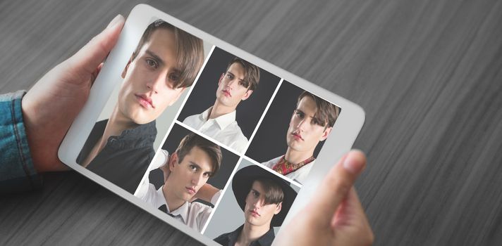 People collage portrait single 5 against cropped image of person holding digital tablet