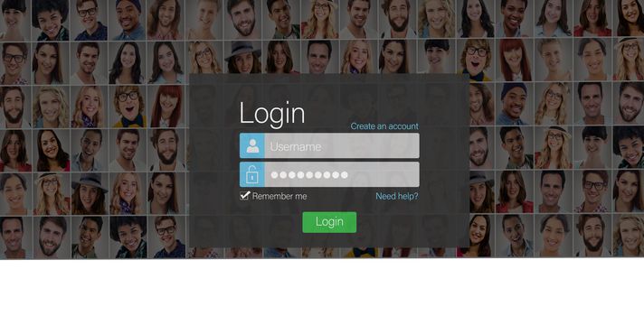 Close-up of login page against people collage portrait very wide