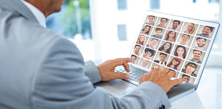 People collage portrait 5x5 against businessman working on laptop