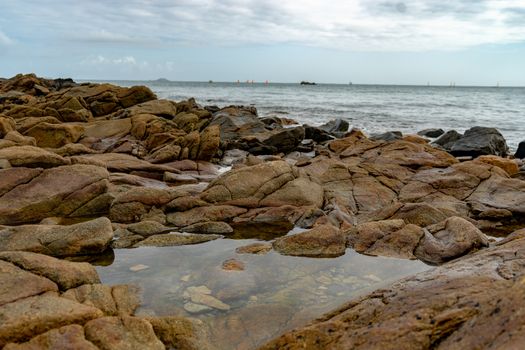 Rose granit sea shore in Britanny travel and hiking