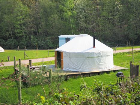 A yurt in a camp site field in Norfolk, England, Norwich.