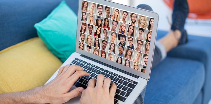 People collage portrait very wide against low section of male executive using laptop while sitting on sofa