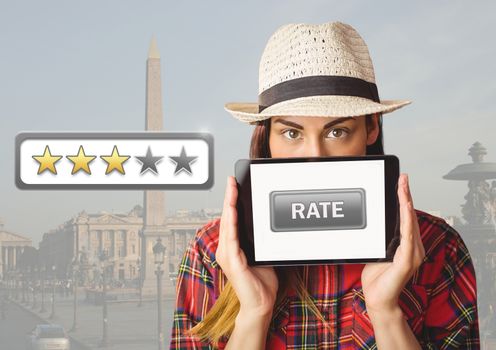 Digital composite of Woman holding tablet with rate button and star reviews over travel destination