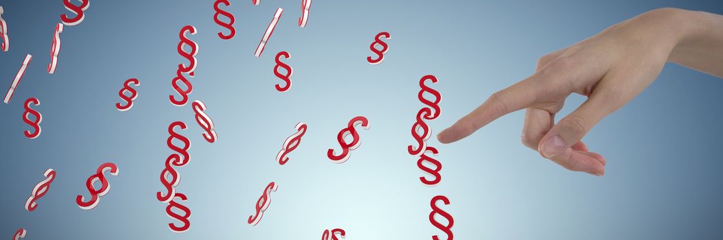 Womans hand using invisible screen against abstract blue background