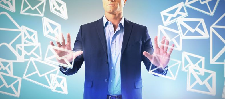 Businessman touching the invisible screen against abstract blue background