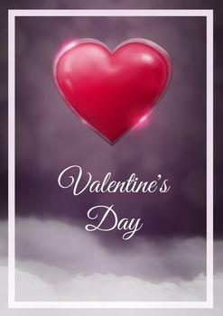 Digital composite of Valentine's Day text and Shiny heart glowing with purple misty background