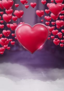 Digital composite of Shiny bubbly Valentines hearts with purple city misty background