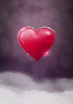 Digital composite of Shiny heart glowing with purple misty background