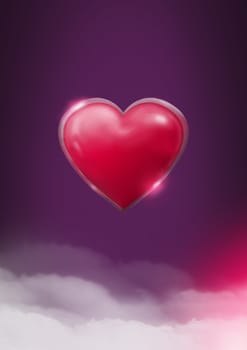 Digital composite of Shiny heart  glowing with purple misty background