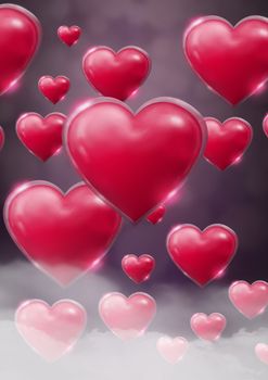 Digital composite of Shiny bubbly Valentines hearts with purple misty background
