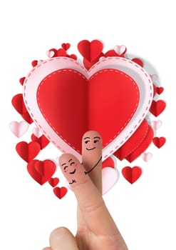 Digital composite of Valentine's fingers love couple and Paper Valentines hearts in circle shape