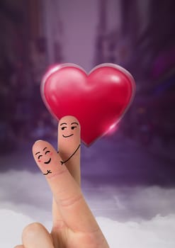 Digital composite of Valentine's fingers love couple and Shiny heart glowing with purple city misty background