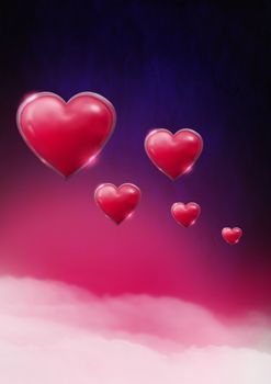 Digital composite of Shiny bubbly Valentines hearts with purple misty background