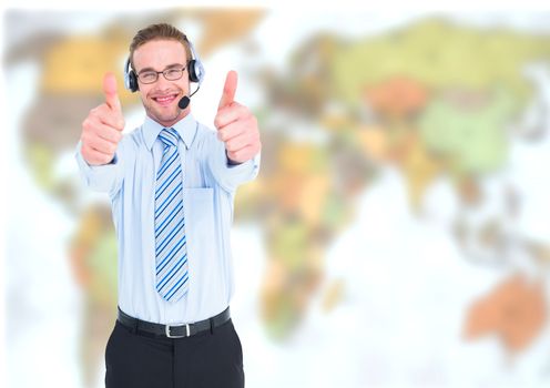 Digital composite of Travel agent man wearing headset in front of world map