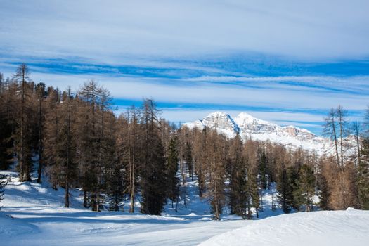 Dolomities Dolomiti Italy in wintertime beautiful alps winter mountains and ski slope Cortina d'Ampezzo Faloria skiing resort area