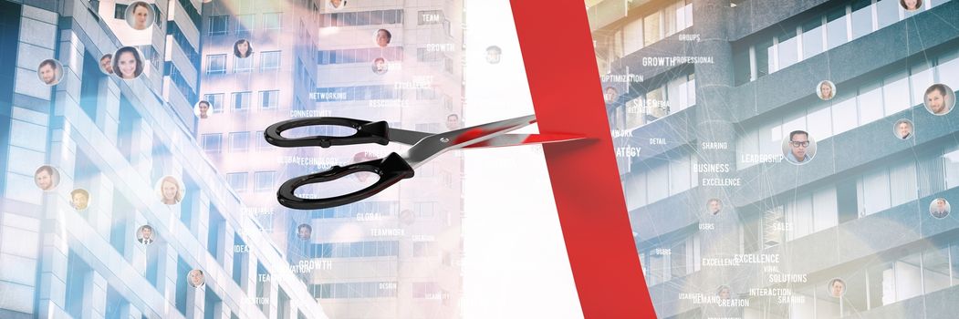 Digital composite of Scissors cutting ribbon with city of profile people