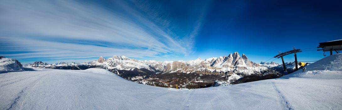 Dolomities Dolomiti Italy in wintertime beautiful alps winter mountains and ski slope Cortina d'Ampezzo Faloria skiing resort area