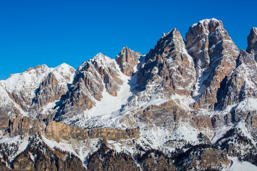 Dolomities Dolomiti Italy in wintertime beautiful alps winter mountains and ski slope Cortina d'Ampezzo Faloria skiing resort area