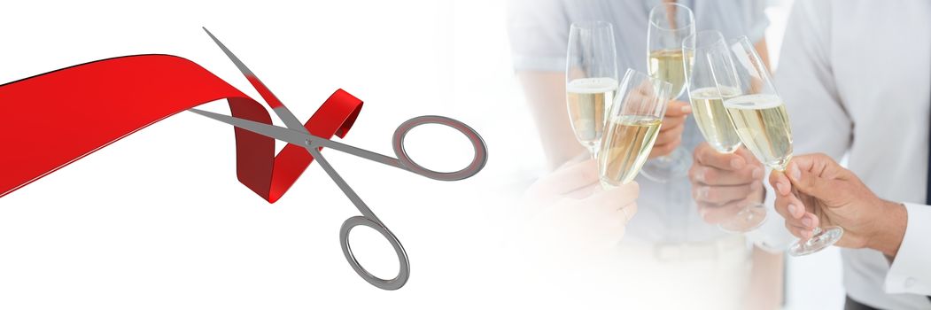Digital composite of Scissors cutting ribbon with people holding champagne