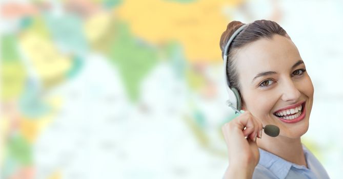 Digital composite of Travel agent woman wearing headset in front of world map