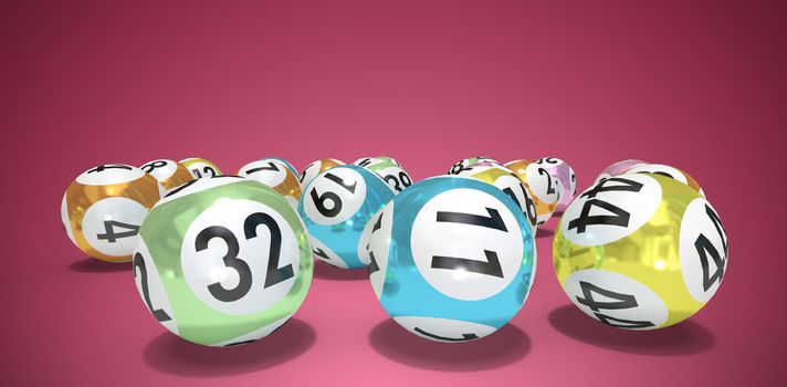 Lottery balls with numbers against abstract maroon background