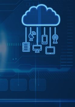 Digital composite of cloud icon and hanging connection devices with blue technology background