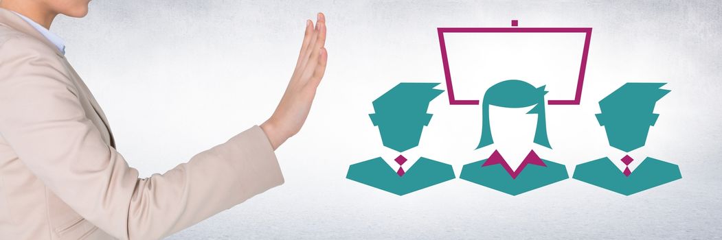 Digital composite of Hand interacting with business people and screen icon