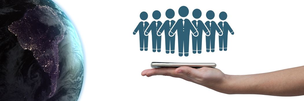 Digital composite of Hand holding tablet with business people group icon and global world