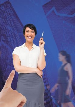 Digital composite of Hand choosing a business woman on blue background with business people walking
