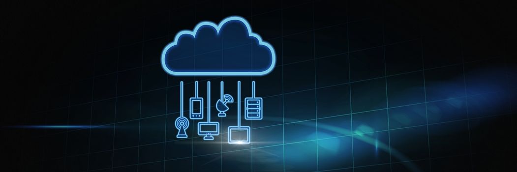 Digital composite of Cloud with hanging devices connections with blue technology background