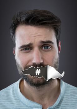 Digital composite of Hashtag icon and Man with torn paper on mouth