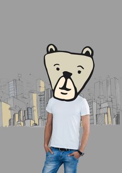 Digital composite of Man with bear animal head face in city