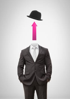 Digital composite of Headless man with surreal floating hat and up arrow
