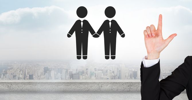 Digital composite of Hand pointing up with business people couple partners icon