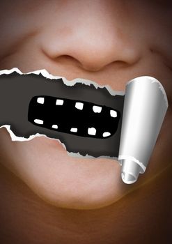 Digital composite of Face with torn paper on mouth and cartoon mouth