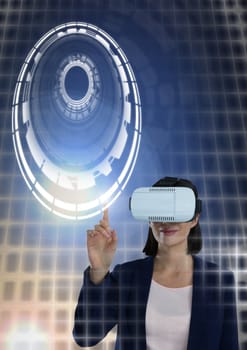 Digital composite of Woman touching circle interface with Virtual reality headset