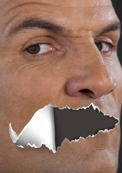 Digital composite of Man with torn paper on mouth