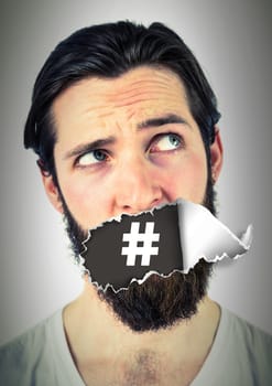 Digital composite of Hashtag icon and Man with torn paper on mouth