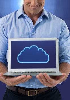 Digital composite of Hands holding laptop with cloud icon