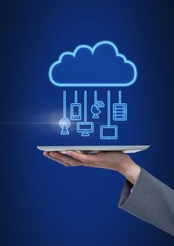 Digital composite of Hand holding tablet with cloud icon