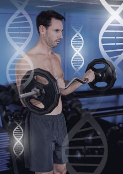 Digital composite of Athletic fit man lifting weights in gym with genetic biology health interface