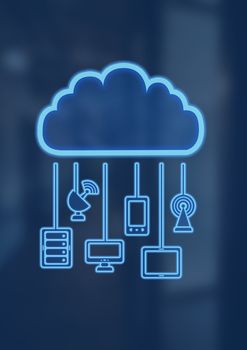 Digital composite of cloud icon and hanging connection devices