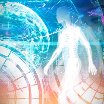 Digital Skeleton against composite image of global technology background in purple