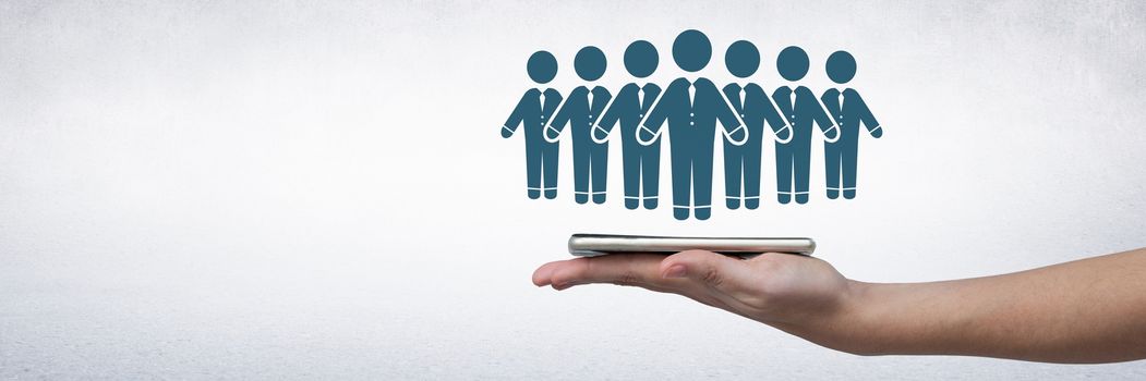 Digital composite of Hand holding tablet with business people group icon