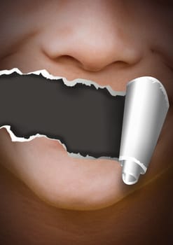 Digital composite of Face with torn paper on mouth