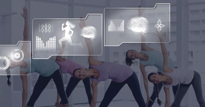 Digital composite of Athletic fit women doing yoga in gym with health interface